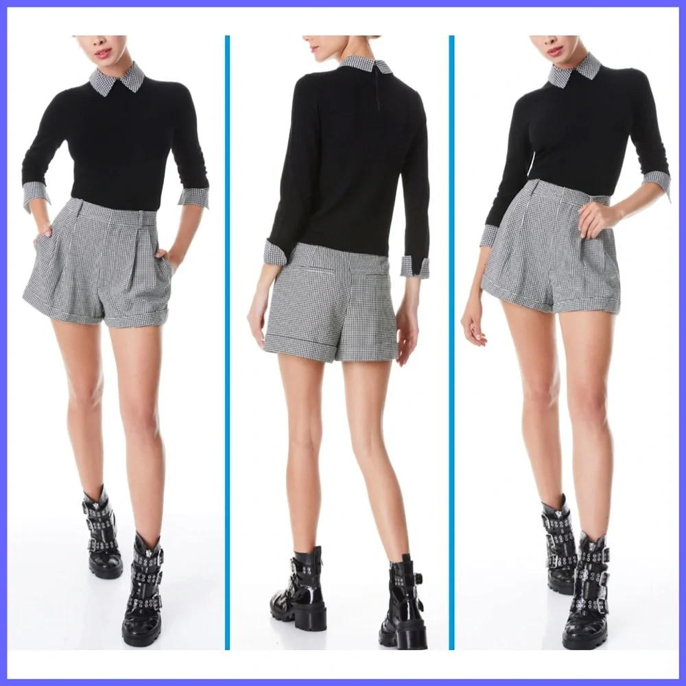 Alice + Olivia Conry Black White Houndstooth Cuffed Shorts